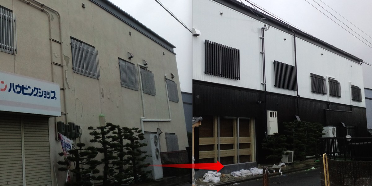 ひび割れた店舗の外壁を漆喰壁風の金属外壁に張り替えた施工前後のビフォーアフター