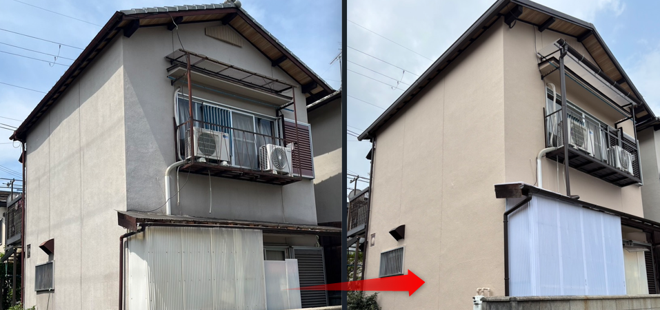 屋根葺き替え・外壁塗装・雨樋交換・波板張替えをまとめて行った住まいの外まわりリフォームの施工前後
