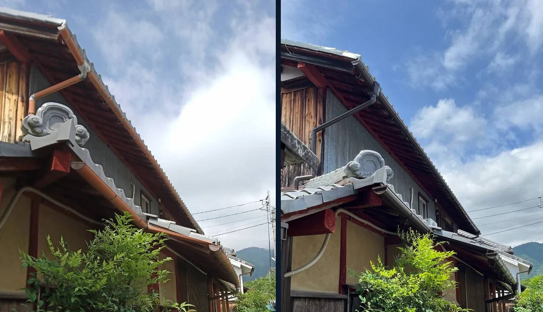 大津市の和風住宅で軒先と鬼瓦まわりの雨樋を交換した施工前後のビフォーアフター
